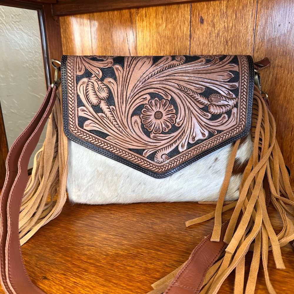 Myra Bag Tan and White Tooled Leather Crossbody with Fringe